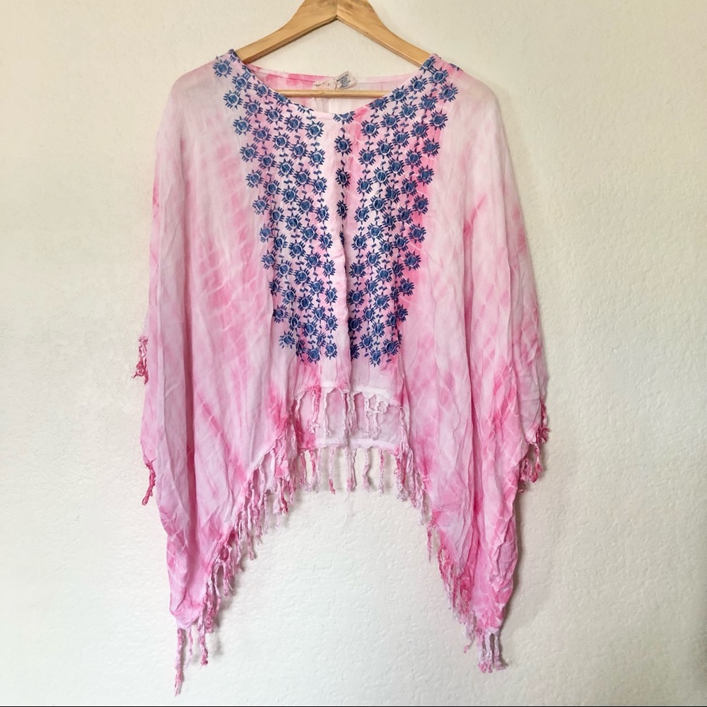 Surf Gypsy Tye Dye Kaftan Top with Fringe Pink Small